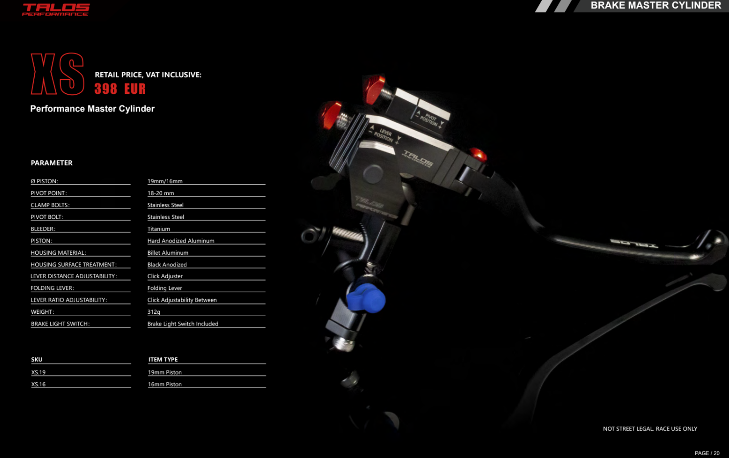 Talos CNC XS Radijalna Racing Kočiona Pumpa 19x18-20 | XS.19 