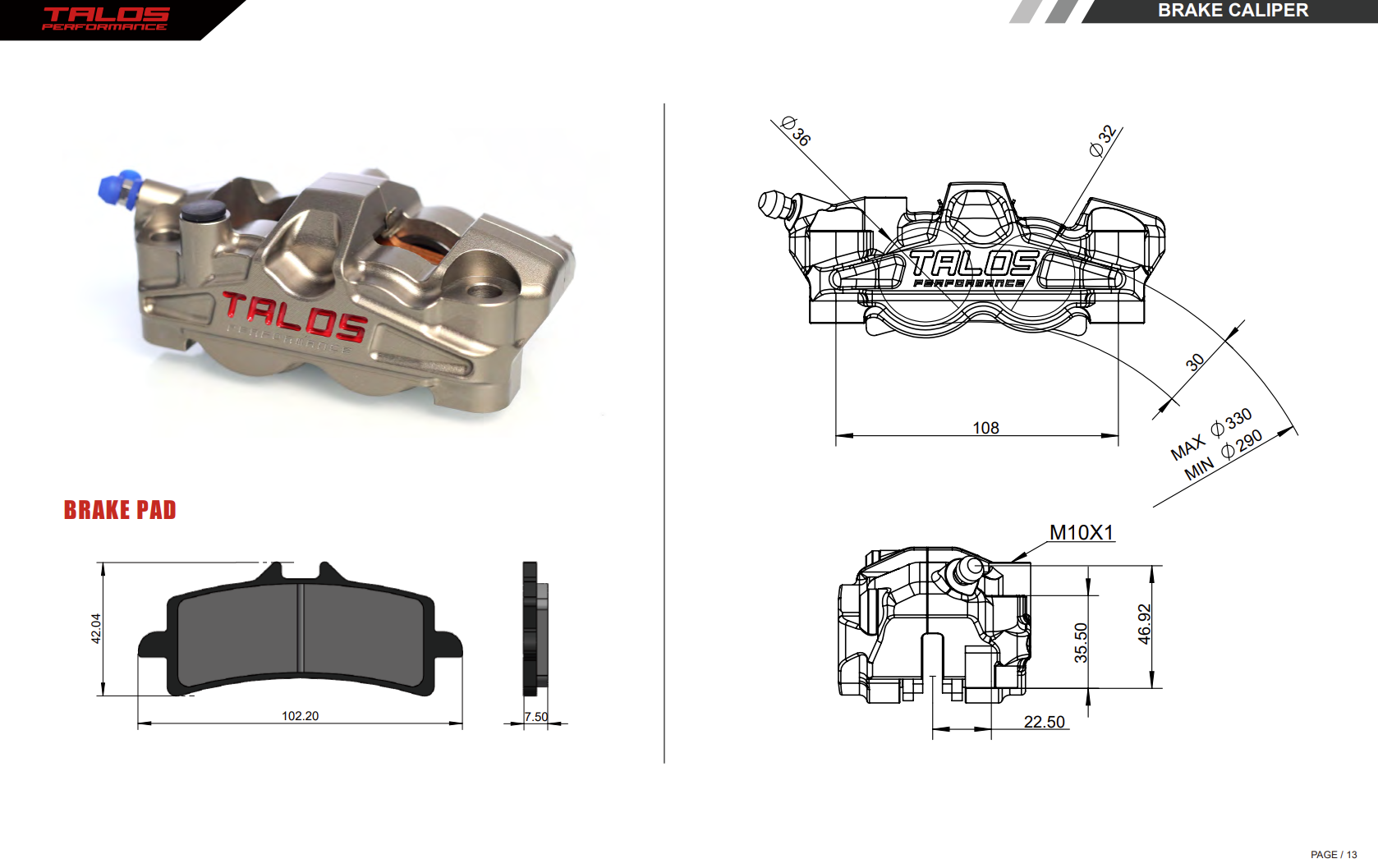 Talos X50 Dvije dijela P4 32/36 108mm Kočiona čeljust Naprijed Desno | X50.108.HD.R 