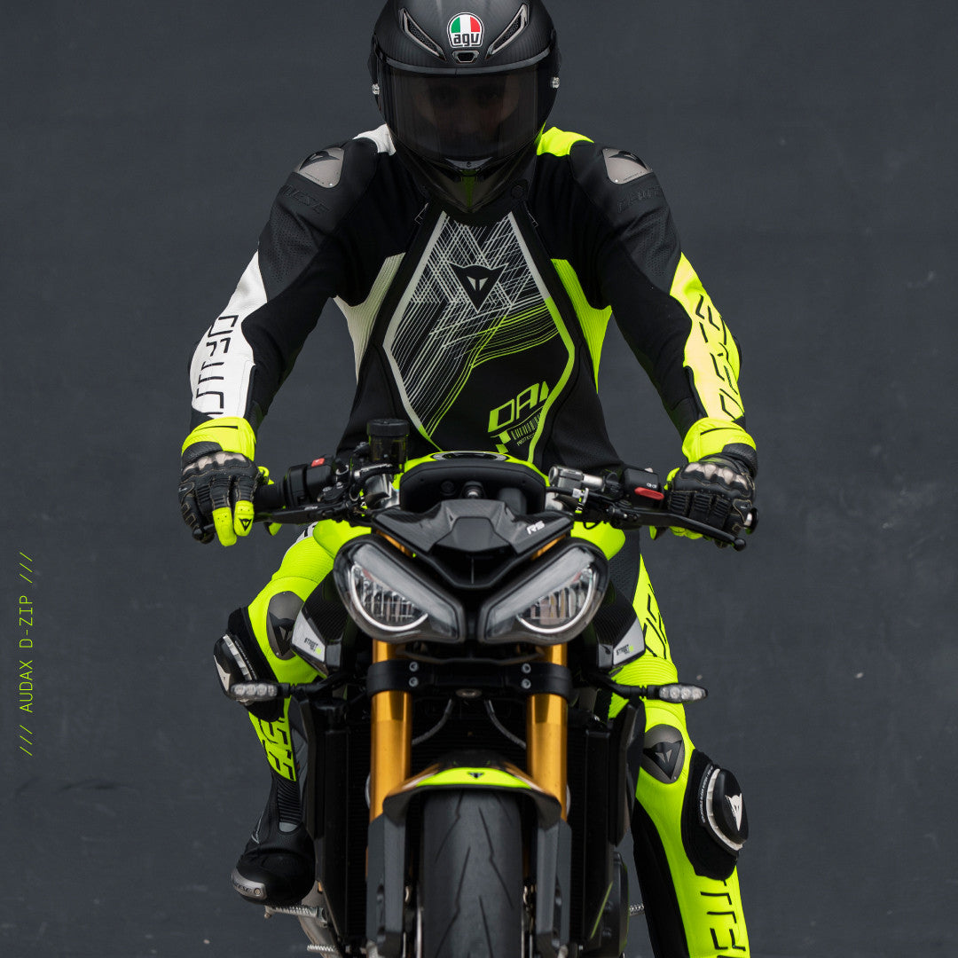 Dainese Audax D-ZIP jednocjeleni Kožno odijelo – Perforirani trkaći kombinezon | Muški | Crna/Neon Žuta 