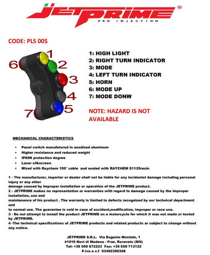 Upravljački prekidač lijevi JetPrime Ducati Panigale 959 (16-19) JP PLS 005 