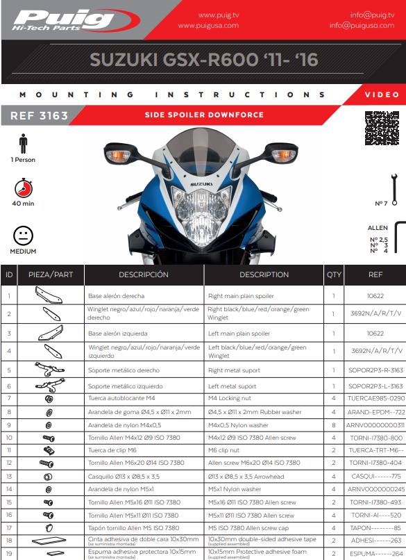 Puig Winglets Spoiler Downforce Suzuki GSX-R 600/750 (11-16) 3163 