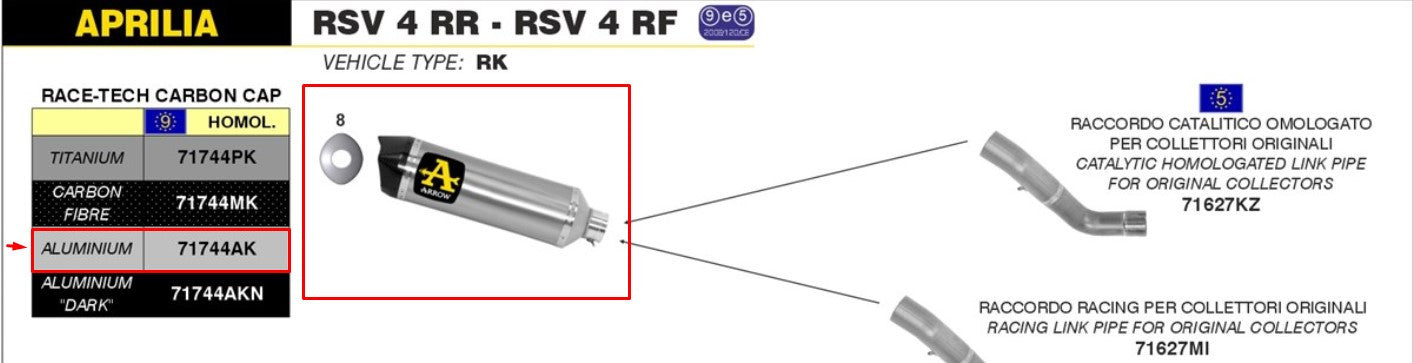 Arrow Slip-On Race-Tech aluminij Aprilia RSV4/RR/RF (15-16) 71744AK 